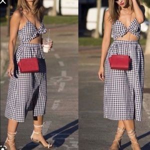 Zara Navy Blue & White Gingham Tie Front Cut Out Dress